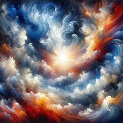 The primary subject of the image is a sun, which is the main focus of the scene. The sun is surrounded by a vibrant and colorful cloudy sky, creating a lively and dynamic atmosphere. The visual style of the image is a painting, which adds a sense of artistic expression and creativity to the scene. The colors and mood of the painting are predominantly warm and bright, with the sun being the central source of light and energy.